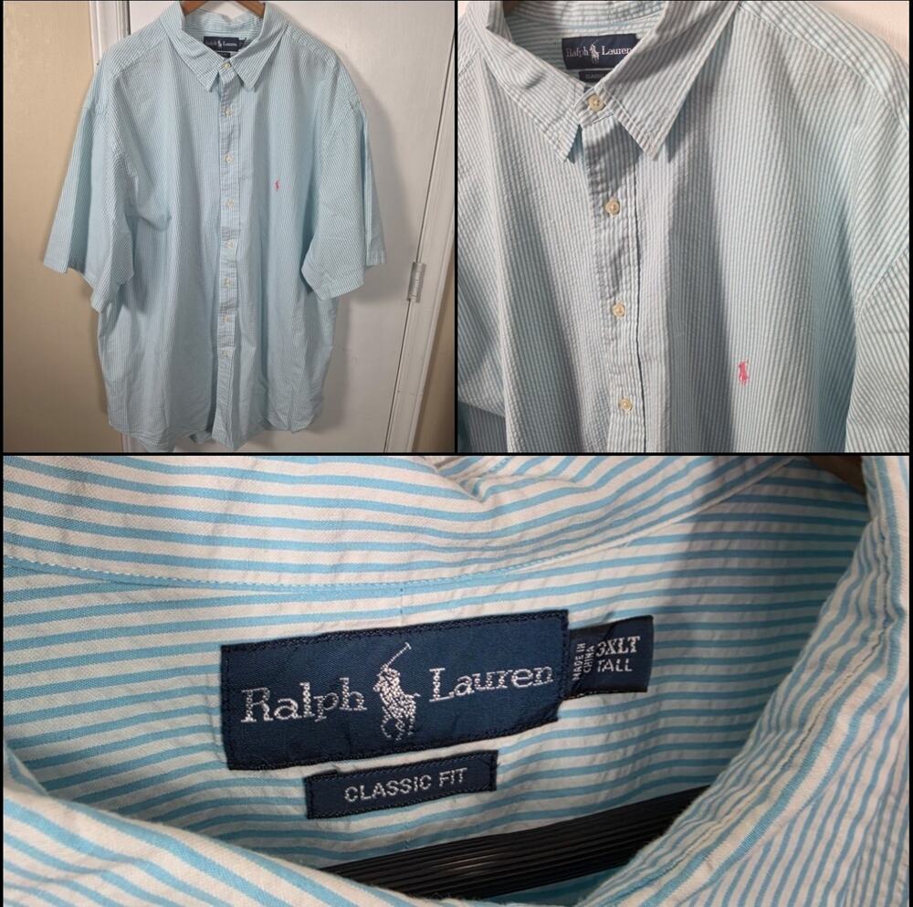 Polo Ralph Lauren Blue Seersucker Button Down Shirt Short Sleeve Mens 3XLT Tall